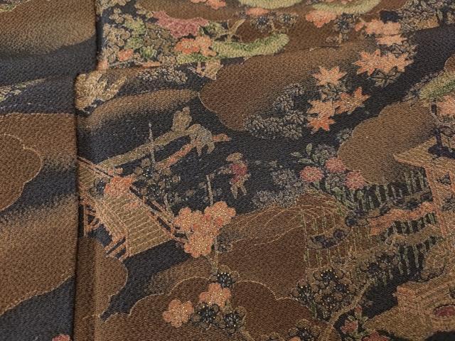 平和屋着物■上質な小紋 人物風景文 黒地 金彩 鬼しぼ縮緬 正絹 逸品 AABG9759fw