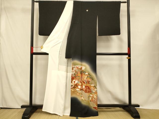 平和屋着物■豪華黒留袖　作家物　駒刺繍　地紙御所車文　暈し染め　金彩　正絹　逸品　AABG9777fw