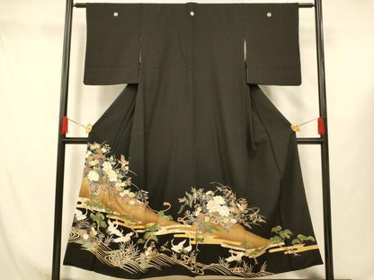 平和屋着物■豪華黒留袖 駒刺繍 花車群鶴文 金銀彩 正絹 逸品 AABG9780fw