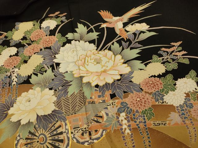 平和屋着物■豪華黒留袖 駒刺繍 花車群鶴文 金銀彩 正絹 逸品 AABG9780fw