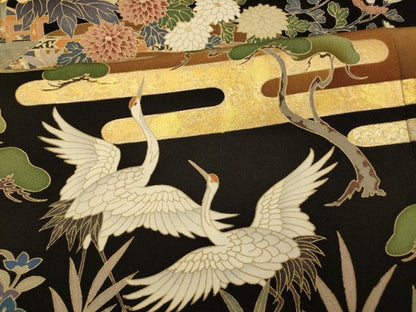 平和屋着物■豪華黒留袖 駒刺繍 花車群鶴文 金銀彩 正絹 逸品 AABG9780fw
