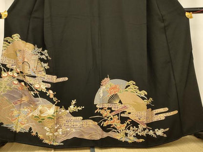 平和屋着物■豪華黒留袖　御所車扇子文　金彩　正絹　逸品　AABG9784fw