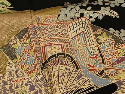 平和屋着物■豪華黒留袖　御所車扇子文　金彩　正絹　逸品　AABG9784fw