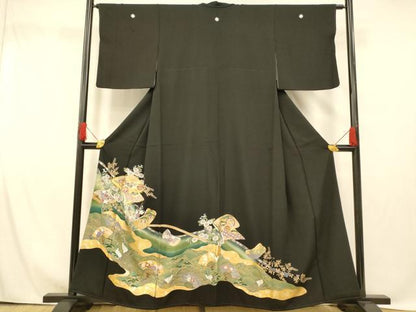 平和屋着物■豪華黒留袖　駒刺繍　吉祥花鳥扇子文　暈し染め　金銀彩　正絹　逸品　AABG9794fw