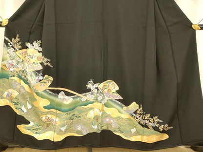 平和屋着物■豪華黒留袖　駒刺繍　吉祥花鳥扇子文　暈し染め　金銀彩　正絹　逸品　AABG9794fw