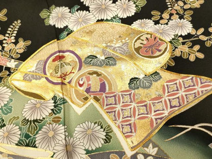 平和屋着物■豪華黒留袖　駒刺繍　吉祥花鳥扇子文　暈し染め　金銀彩　正絹　逸品　AABG9794fw