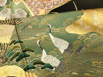 平和屋着物■豪華黒留袖　駒刺繍　吉祥花鳥扇子文　暈し染め　金銀彩　正絹　逸品　AABG9794fw