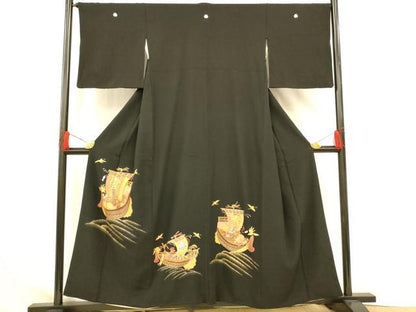 平和屋着物■豪華黒留袖　駒刺繍　飛鶴宝船文　金糸　金彩　正絹　逸品　AABG9795fw