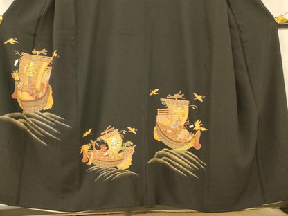 平和屋着物■豪華黒留袖　駒刺繍　飛鶴宝船文　金糸　金彩　正絹　逸品　AABG9795fw
