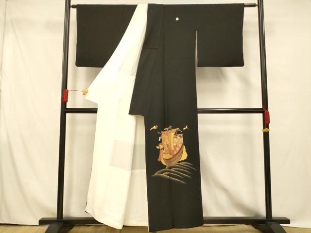 平和屋着物■豪華黒留袖　駒刺繍　飛鶴宝船文　金糸　金彩　正絹　逸品　AABG9795fw