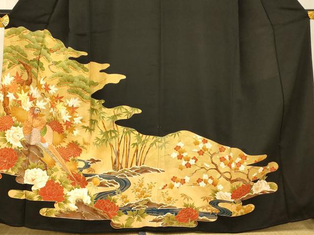 平和屋着物■豪華黒留袖　駒刺繍　松竹梅雉文　金銀糸　金彩　正絹　逸品　AABG9798fw