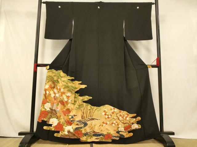 平和屋着物■豪華黒留袖　駒刺繍　松竹梅雉文　金銀糸　金彩　正絹　逸品　AABG9798fw