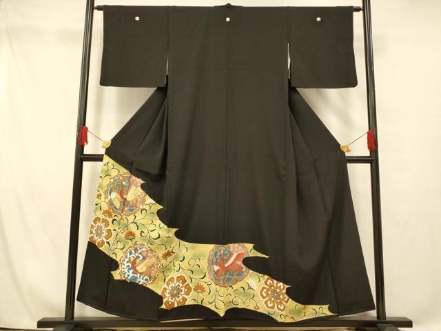 平和屋着物■豪華黒留袖 駒刺繍 鳳凰更紗花文 金糸 金彩 正絹 逸品 AABG9804fw