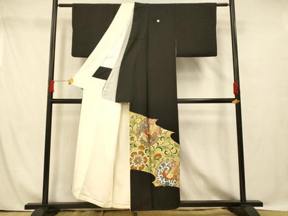 平和屋着物■豪華黒留袖 駒刺繍 鳳凰更紗花文 金糸 金彩 正絹 逸品 AABG9804fw