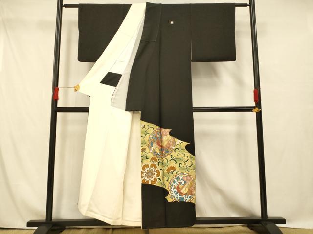平和屋着物■豪華黒留袖 駒刺繍 鳳凰更紗花文 金糸 金彩 正絹 逸品 AABG9804fw