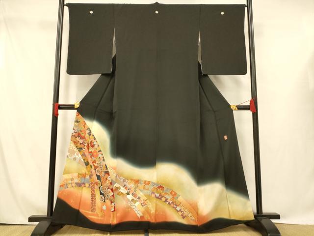 平和屋着物■豪華黒留袖　作家物　駒刺繍　吉祥竹文　暈し染め　金糸　金彩　正絹　逸品　AABG9813fw
