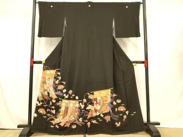 平和屋着物■豪華黒留袖　刺繍　宝尽くし吉祥花文　金糸　金彩　正絹　逸品　AABG9826fw