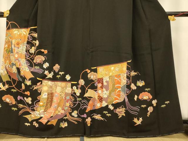 平和屋着物■豪華黒留袖　刺繍　宝尽くし吉祥花文　金糸　金彩　正絹　逸品　AABG9826fw