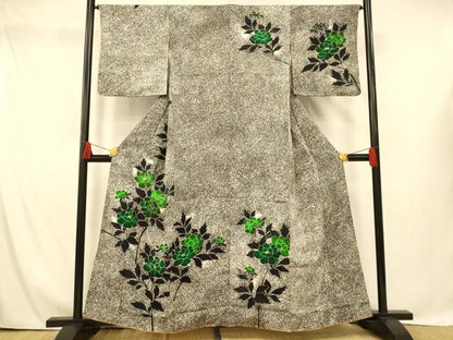 平和屋着物■上質な小紋 駒刺繍 更紗花文 たたき染め 正絹 逸品 AABG9832fw