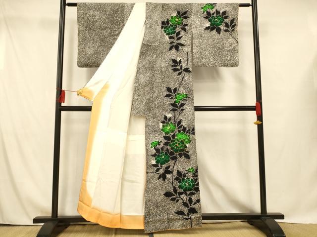 平和屋着物■上質な小紋 駒刺繍 更紗花文 たたき染め 正絹 逸品 AABG9832fw