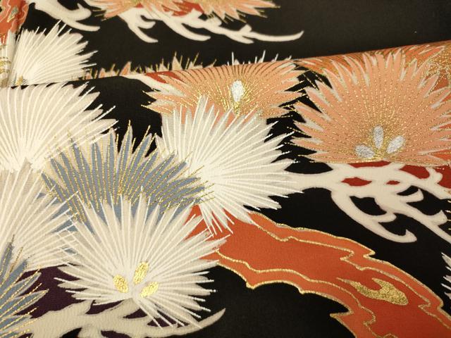 平和屋着物■豪華黒留袖　刺繍　枝松文　金彩　金銀糸　正絹　逸品　AABG9835fw