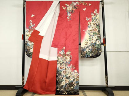 平和屋着物●豪華振袖　駒刺繍　花蝶文　暈し染め　金銀彩　正絹　逸品　AABG9841cs