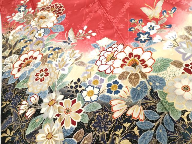 平和屋着物●豪華振袖　駒刺繍　花蝶文　暈し染め　金銀彩　正絹　逸品　AABG9841cs