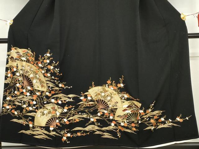 平和屋着物●豪華黒留袖　中国三大刺繍　スワトウ刺繍　汕頭刺繍　扇面梅松文　金糸　金彩　正絹　逸品　AABG9842cs