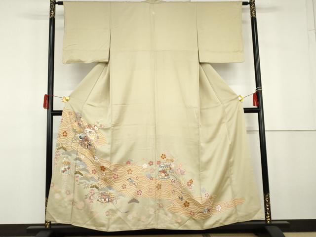 平和屋着物●創業460年・千總　色留袖　友禅　立波吉祥花蝶梅松文　金彩　正絹　逸品　AABG9853cs