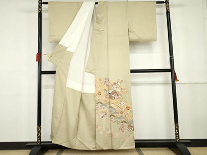 平和屋着物●創業460年・千總　色留袖　友禅　立波吉祥花蝶梅松文　金彩　正絹　逸品　AABG9853cs