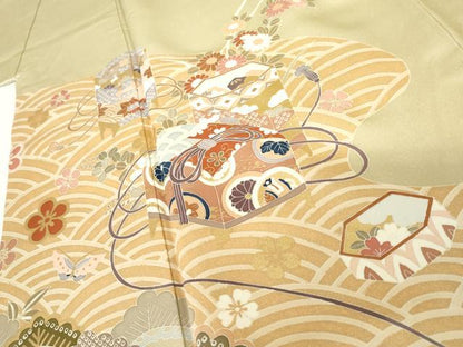 平和屋着物●創業460年・千總　色留袖　友禅　立波吉祥花蝶梅松文　金彩　正絹　逸品　AABG9853cs