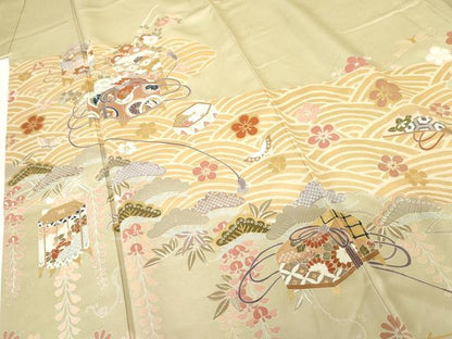 平和屋着物●創業460年・千總　色留袖　友禅　立波吉祥花蝶梅松文　金彩　正絹　逸品　AABG9853cs