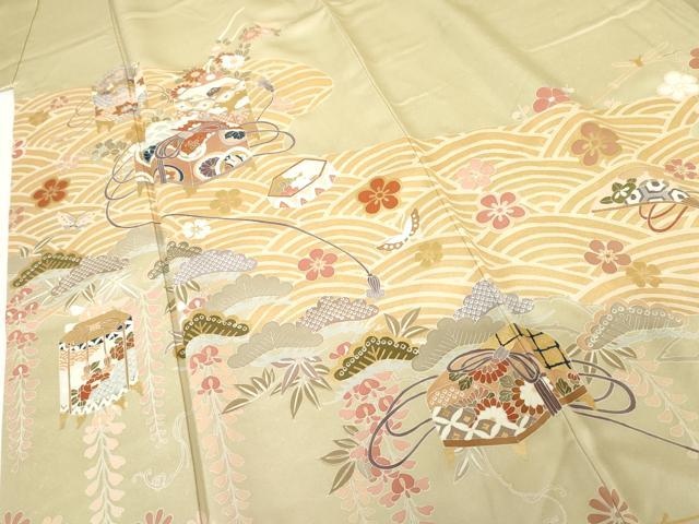 平和屋着物●創業460年・千總　色留袖　友禅　立波吉祥花蝶梅松文　金彩　正絹　逸品　AABG9853cs