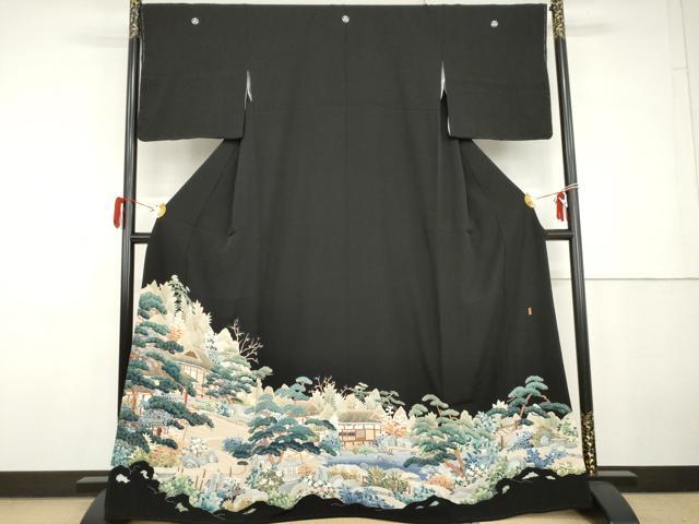 平和屋着物●本加賀友禅作家　北盛夫　黒留袖　風景花蝶文　正絹　逸品　AABG9868cs