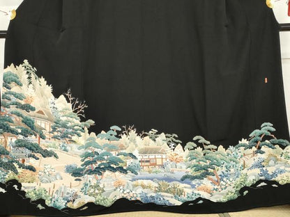平和屋着物●本加賀友禅作家　北盛夫　黒留袖　風景花蝶文　正絹　逸品　AABG9868cs