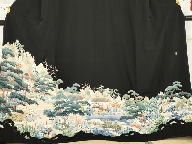 平和屋着物●本加賀友禅作家　北盛夫　黒留袖　風景花蝶文　正絹　逸品　AABG9868cs