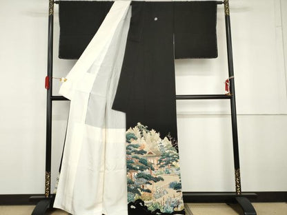 平和屋着物●本加賀友禅作家　北盛夫　黒留袖　風景花蝶文　正絹　逸品　AABG9868cs