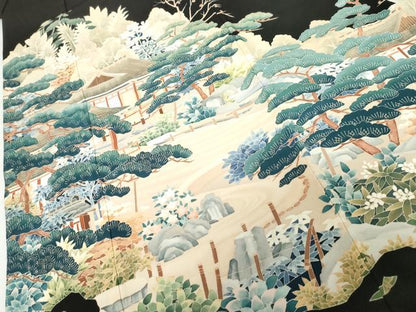 平和屋着物●本加賀友禅作家　北盛夫　黒留袖　風景花蝶文　正絹　逸品　AABG9868cs