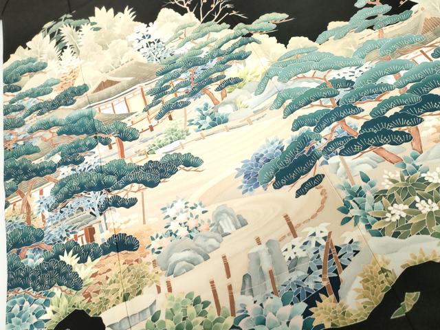 平和屋着物●本加賀友禅作家　北盛夫　黒留袖　風景花蝶文　正絹　逸品　AABG9868cs