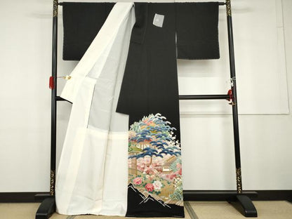 平和屋着物●本加賀友禅作家　中雅雄　黒留袖　松竹梅風景文　正絹　逸品　AABG9870cs