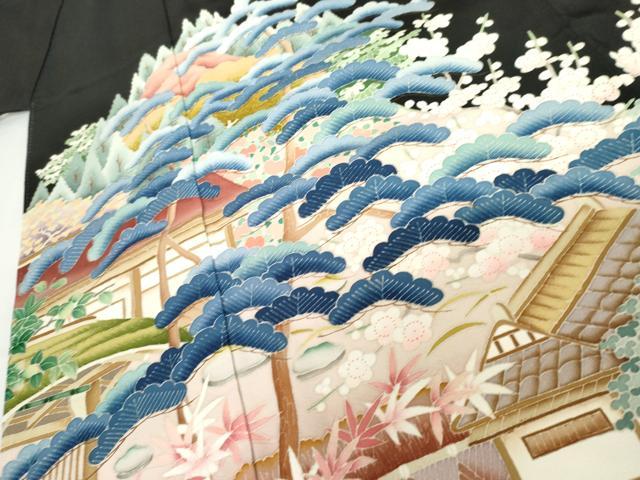 平和屋着物●本加賀友禅作家　中雅雄　黒留袖　松竹梅風景文　正絹　逸品　AABG9870cs
