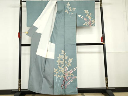 平和屋着物●白山紬　田中勇吉　枝花文　正絹　逸品　AABG9873cs