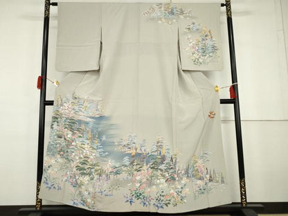 平和屋着物●高級染元　粋峰　林芳夫　京加賀友禅　訪問着　梅松風景文　正絹　逸品　AABG9878cs