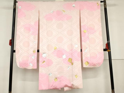 平和屋着物●振袖用長襦袢　袷　絞り　花菱地紋　箔散らし　金銀彩　半衿刺繍　広衿仕立て　正絹　逸品　AABG9879cs