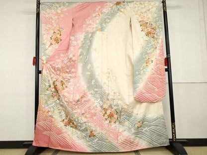 平和屋着物●豪華振袖　飛鶴扇面枝花文　暈し染め　金彩　正絹　逸品　AABG9881cs