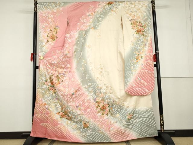 平和屋着物●豪華振袖　飛鶴扇面枝花文　暈し染め　金彩　正絹　逸品　AABG9881cs