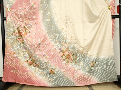 平和屋着物●豪華振袖　飛鶴扇面枝花文　暈し染め　金彩　正絹　逸品　AABG9881cs