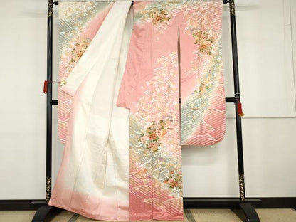 平和屋着物●豪華振袖　飛鶴扇面枝花文　暈し染め　金彩　正絹　逸品　AABG9881cs