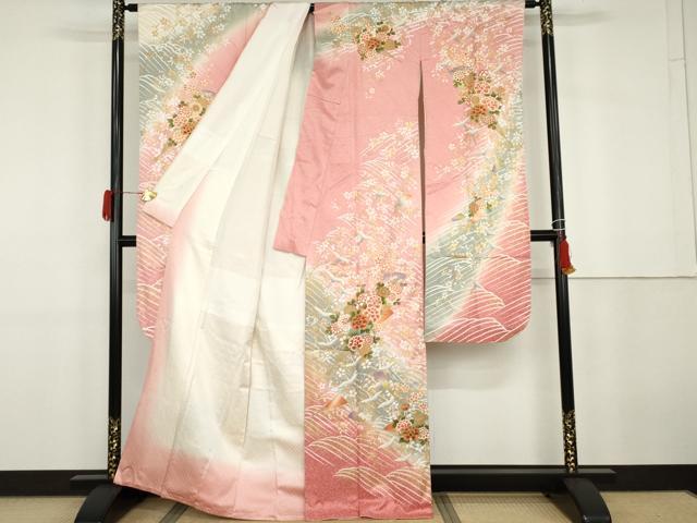 平和屋着物●豪華振袖　飛鶴扇面枝花文　暈し染め　金彩　正絹　逸品　AABG9881cs