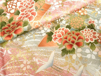 平和屋着物●豪華振袖　飛鶴扇面枝花文　暈し染め　金彩　正絹　逸品　AABG9881cs